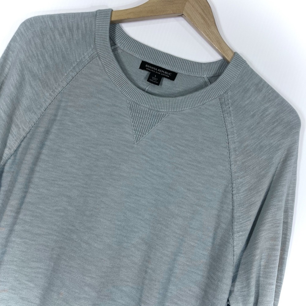 Banana Republic Men's Organic Slub Cotton Sweater Sz L Blue Crew Neck Ribbed Hem
